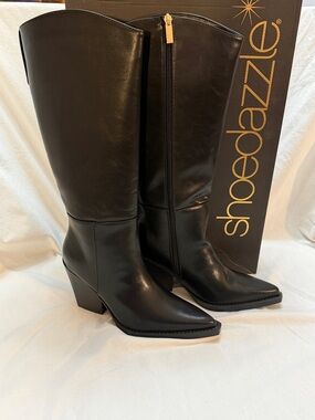 JustFab Shoe Dazzle Black Pointed-Toe Knee-High Block Heel Boots NWT Size 9